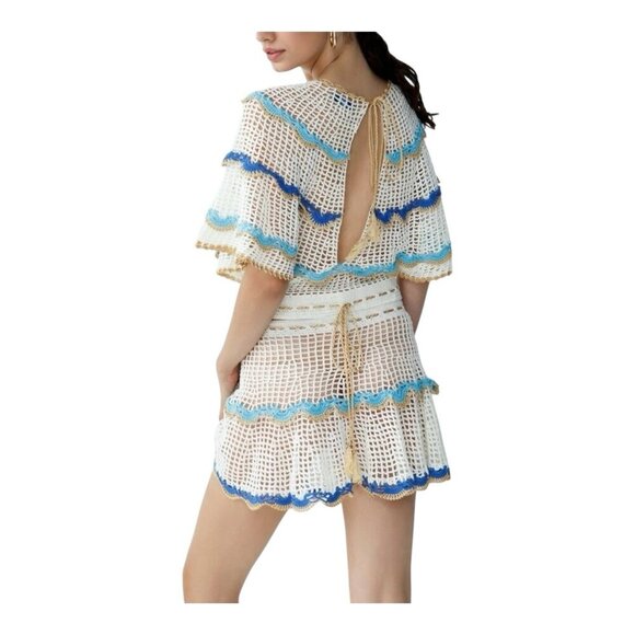 My Beachy Side Rima Scalloped Crop Top Medium Crochet Malibu Blue $235 Boho - Picture 3 of 8